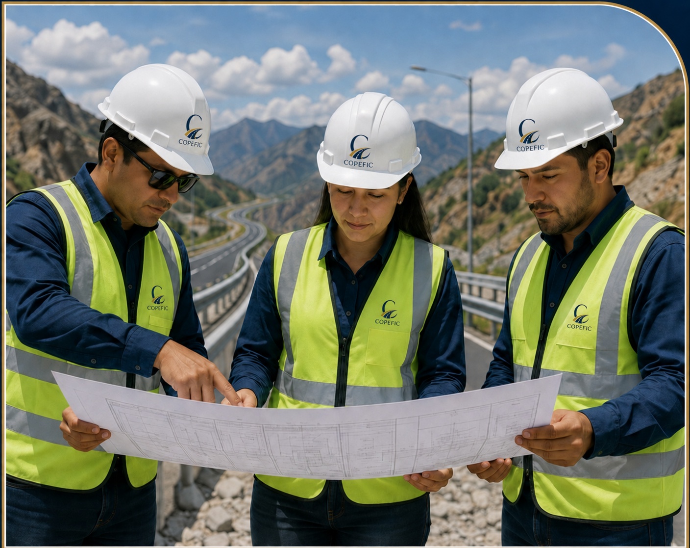Equipo técnico de COPEFIC revisando planos de infraestructura vial
